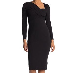 ASTR Dress Black Twist Front Midi Knee Length Long Sleeve Rib Stretch Jersey